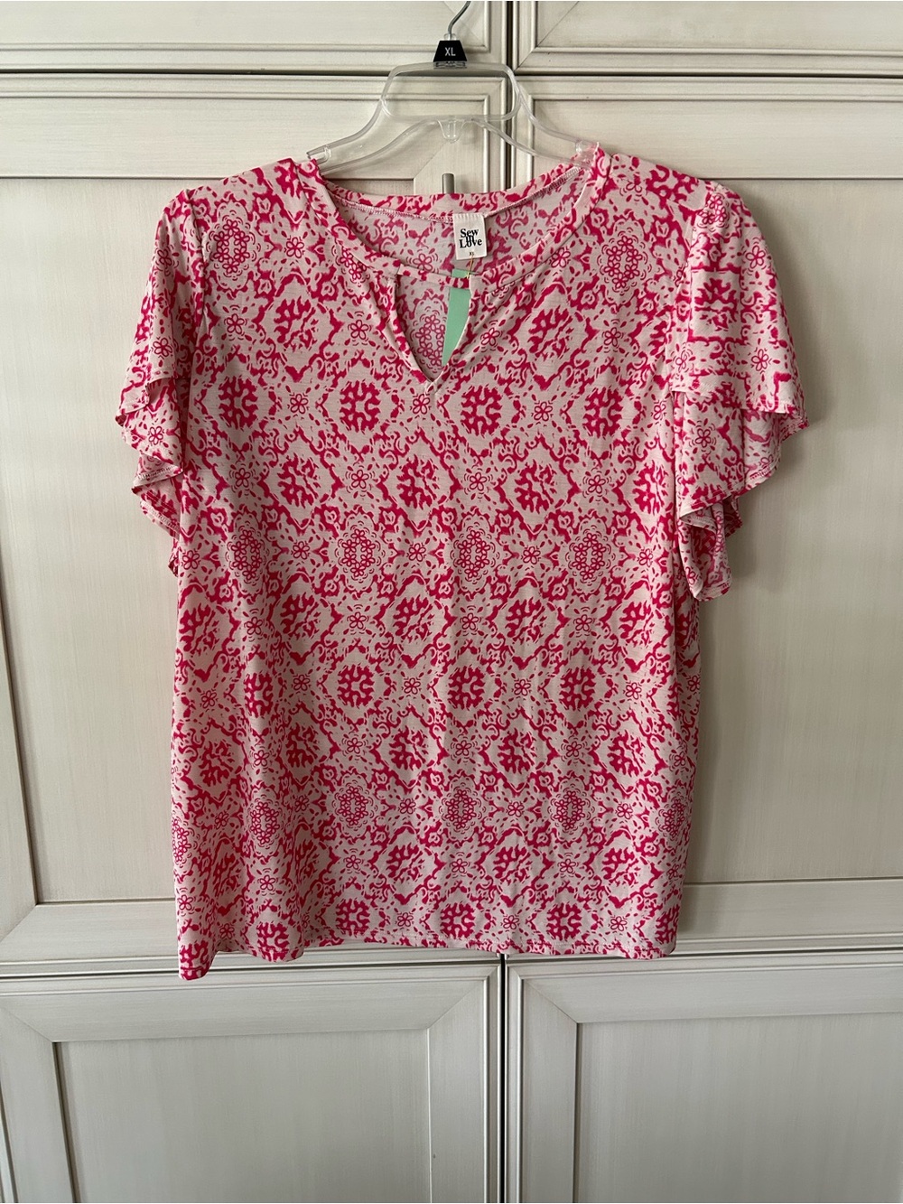 Sew In Love Pink & White Patterned Ruffle Sleeve Top